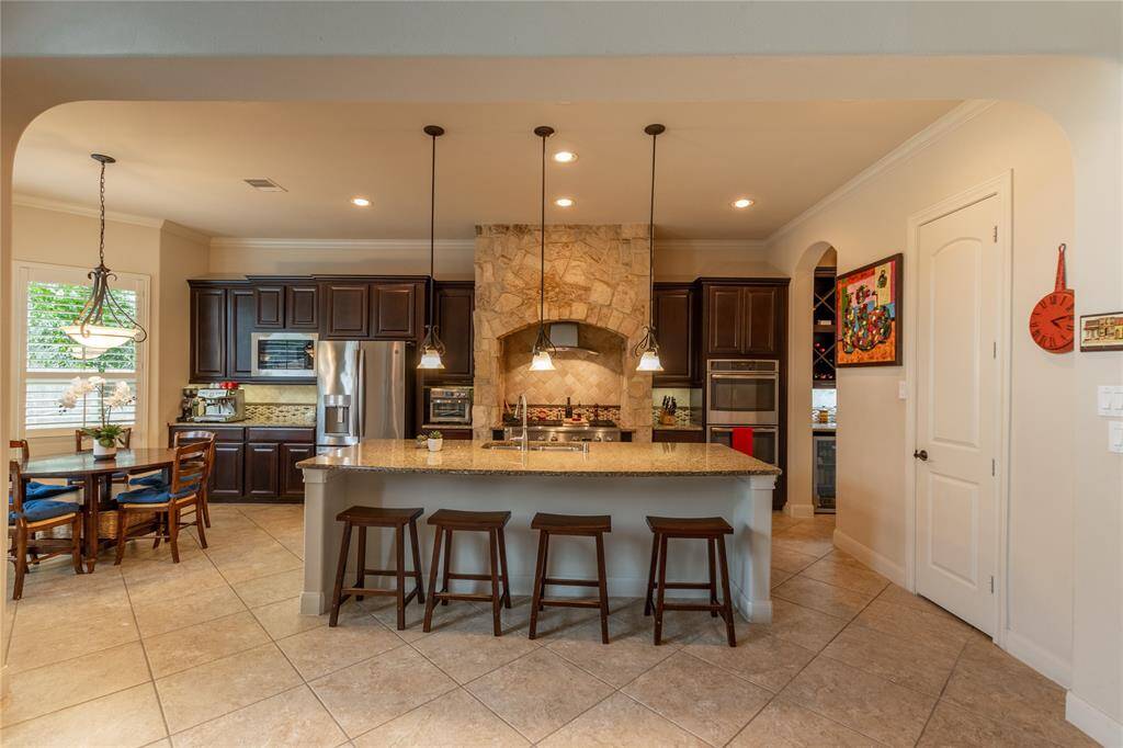 View of kitchen with stone detail.