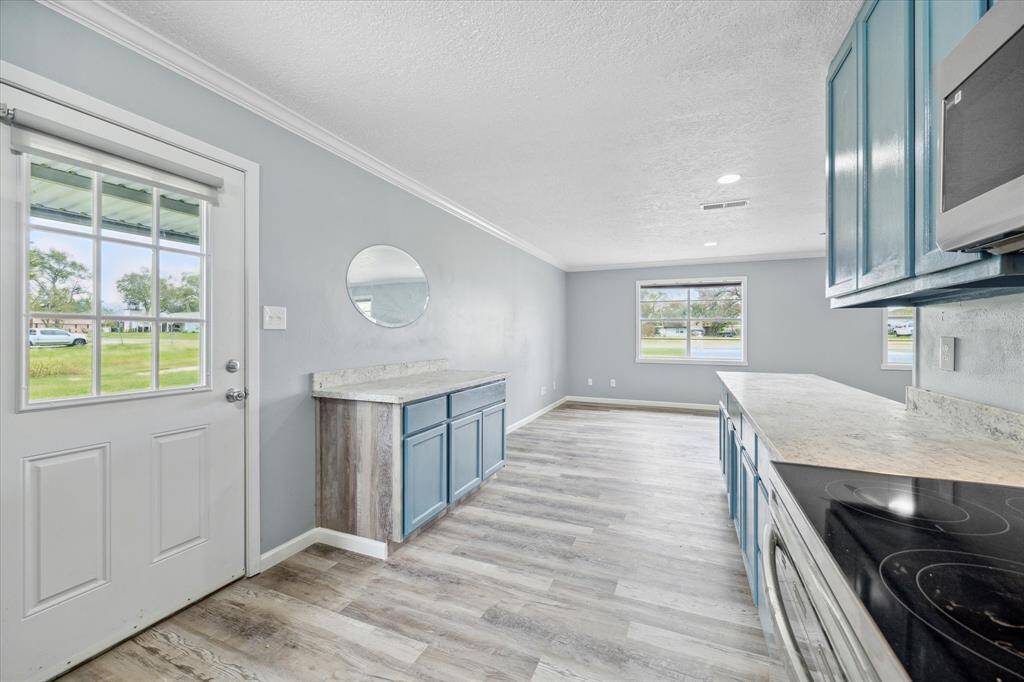 This is a bright kitchen featuring blue cabinetry, granite countertops, stainless steel appliances, and wood-look flooring. Natural light flows in through the window and glass door.
