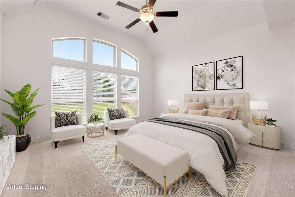 Primary Suite Virtually Staged to show you can easily fit a King Size Bed!