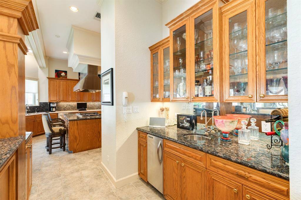 Bar area and view into the kitchen.