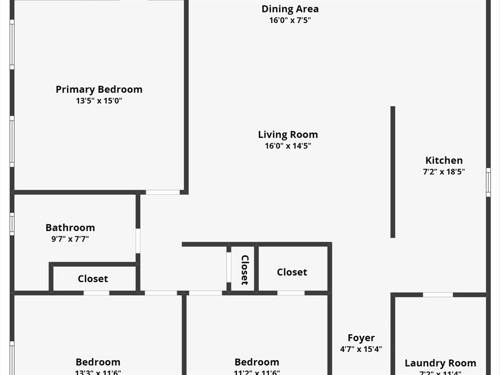This floor plan features a spacious primary bedroom with an adjacent bathroom, two additional bedrooms, a large living room, and a combined dining area. The kitchen is elongated, providing ample space. There's also a laundry room and foyer, with multiple closets for storage.