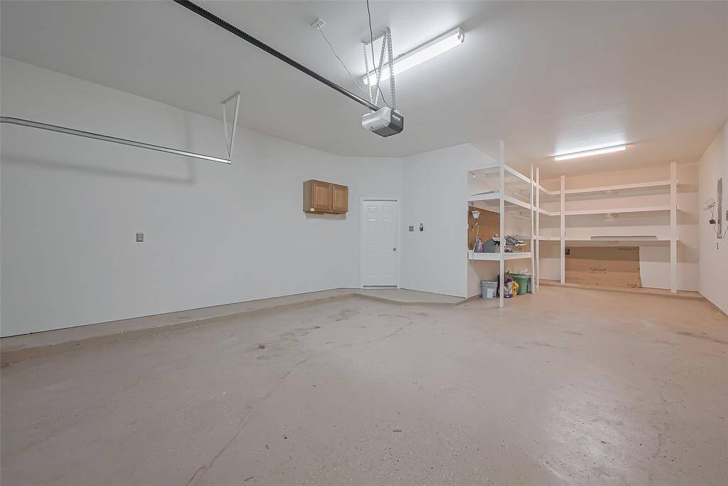 Garage with storage area.