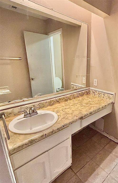 Spacious vanity area with ample counter space and a large mirror, ideal for shared use.