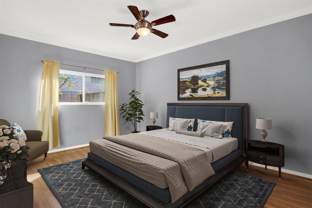 Primary bedroom. Image is virtually staged.