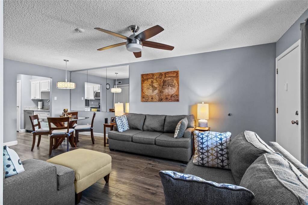 Living/Dining room combo has plenty of room for living room furniture and table seating.