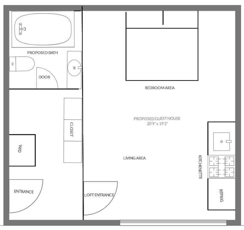 Proposed design to turn the garage into a guest house.  With water and electricity already included, it will not be difficult.