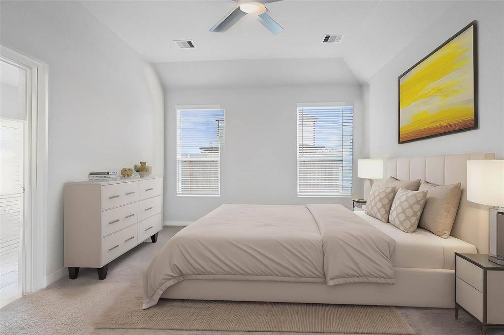 What a wonderful place to come home to, this stunning primary suite greets you with plush carpet, a warm custom paint, high ceiling with ceiling fan, lighting, lovely windows with privacy blinds allowing in natural light brightening up this spacious bedroom.
