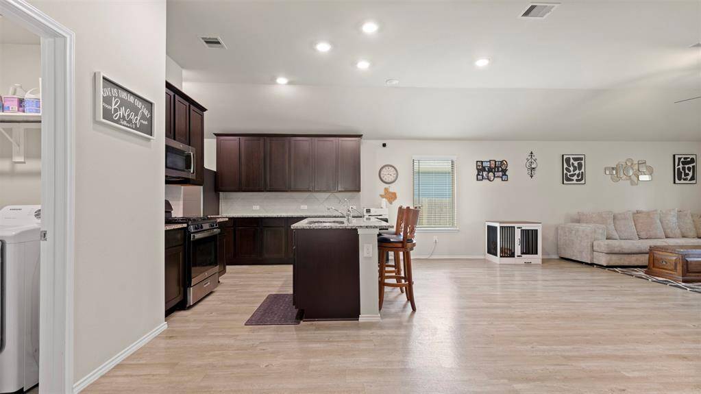 View of the kitchen / living area from the dining room.