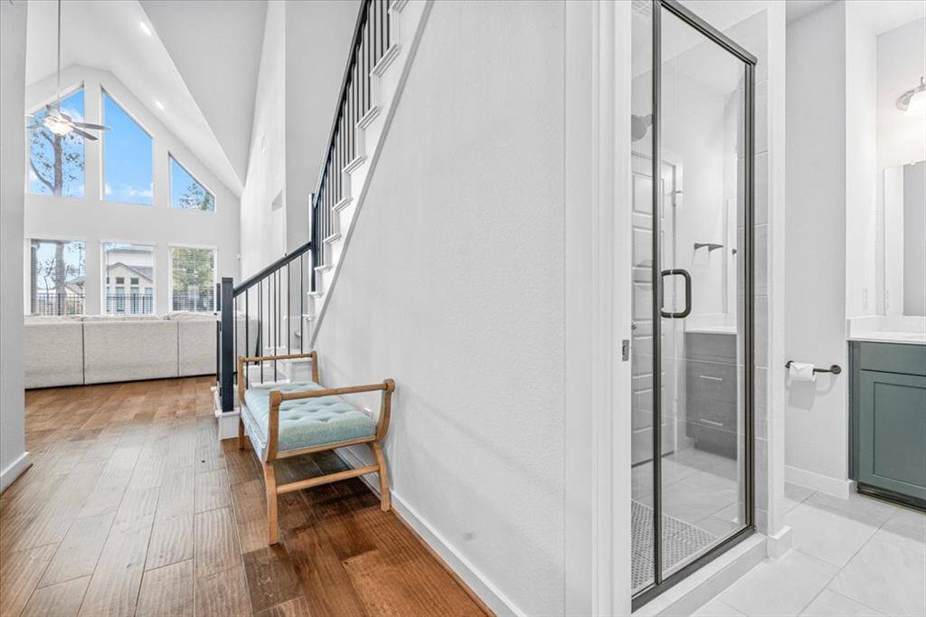 As you can see there is a bath for guest near the front entry and can serve the downstairs bedroom as well with a glass-enclosed shower.