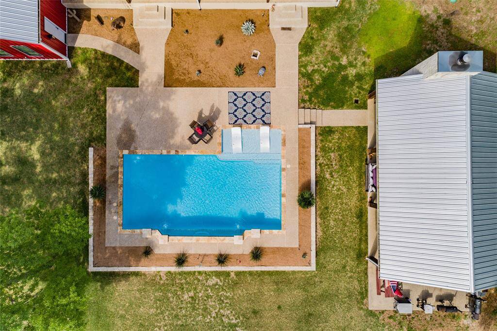 Aerial view of the pool and outdoor party pavilion.