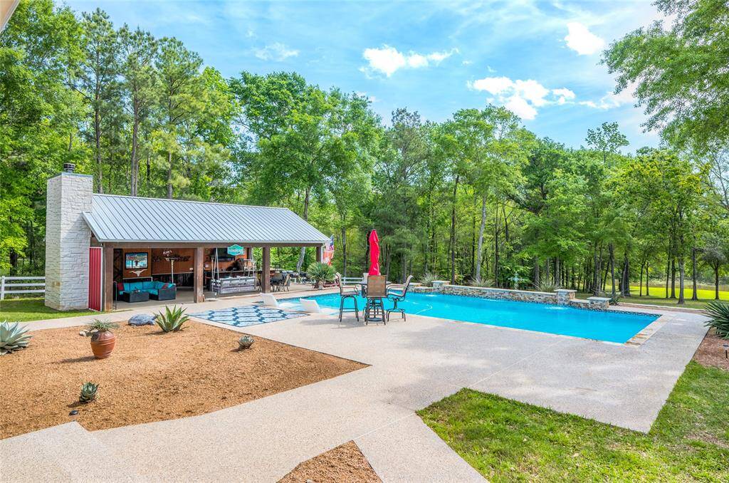 View from the main house to the pavilion and pool.