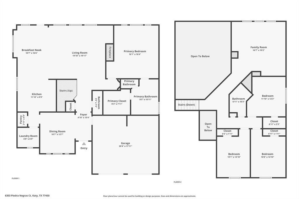 This floor plan shows a two-story home. The first floor features a spacious living room, kitchen with a breakfast nook, dining room, primary bedroom with en-suite bathroom, laundry room, and a two-car garage. The second floor includes a family room, two bedrooms, a bathroom, and multiple closets. The design offers an open space concept with stairs connecting both levels. Measurements not exact.