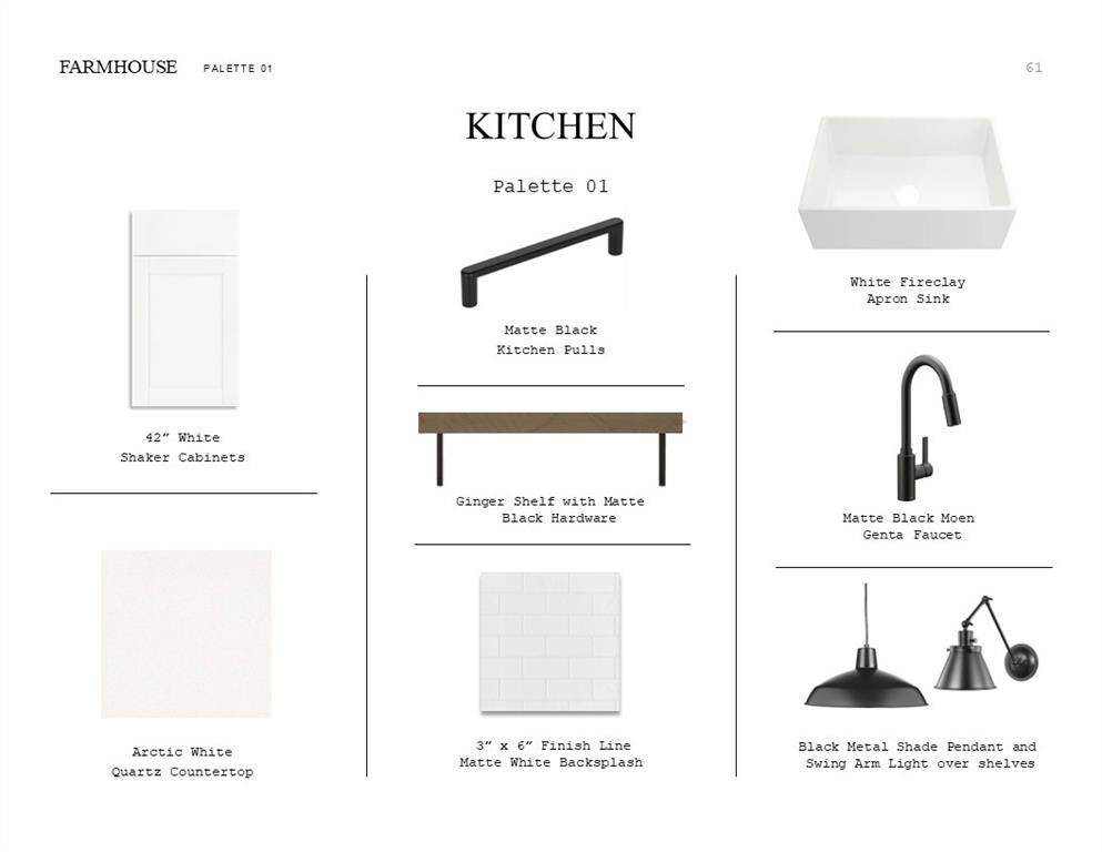 Farmhouse Look Palette 1: Kitchen Selection Sheet (*Artist rendering used for illustration purposes only.)