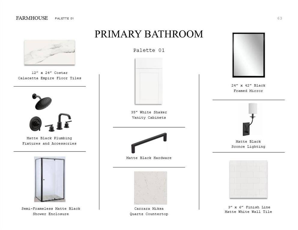 Farmhouse Look Palette 1: Primary Bathroom Selection Sheet (*Artist rendering used for illustration purposes only.)