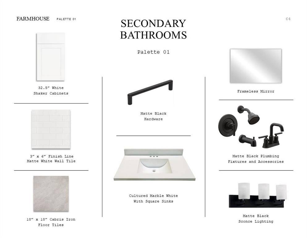 Farmhouse Look Palette 1: Secondary Bathrooms Selection Sheet (*Artist rendering used for illustration purposes only.)