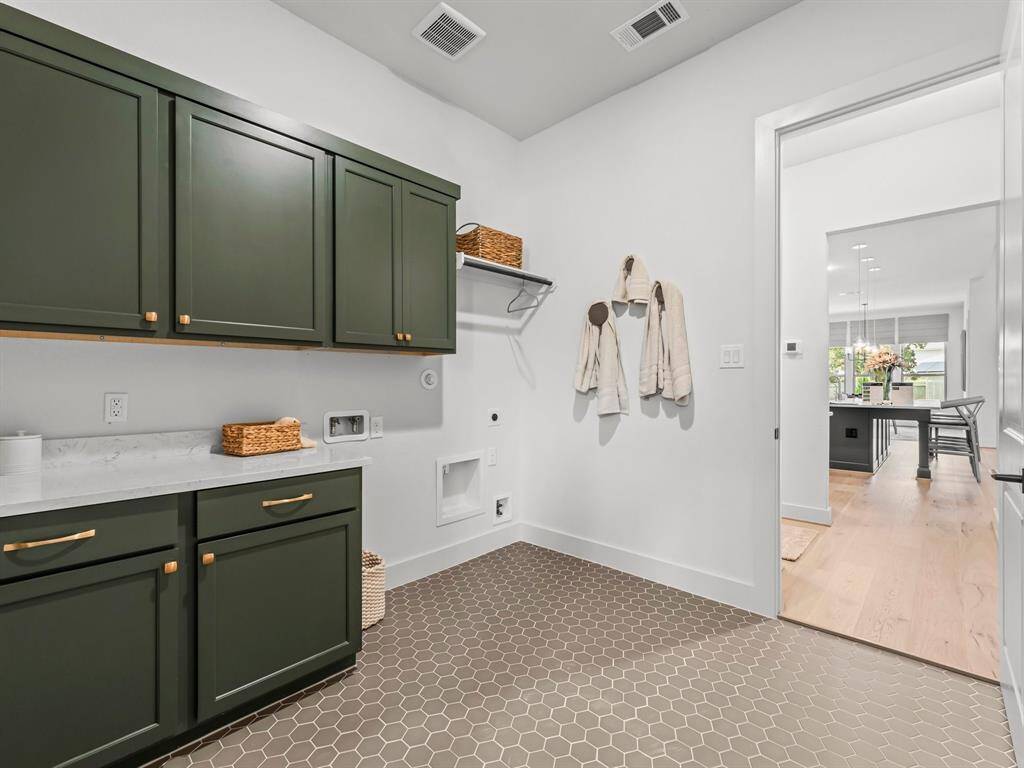 Utility Room with Washer and Dryer Connections, Storage Cabinets, Folding Counter, and Hang to Dry Bar