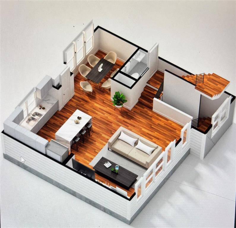 2nd Floor rendering- Living, dining, kitchen, half bath