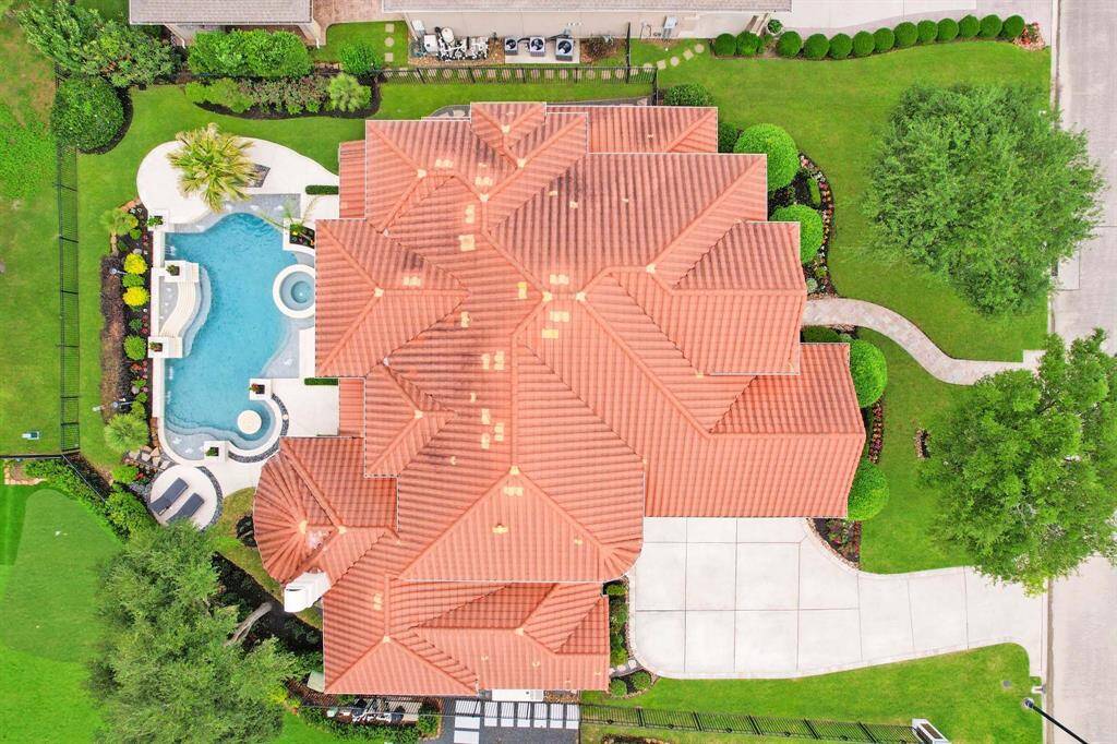 An overhead view showing the long-lasting tile roof.