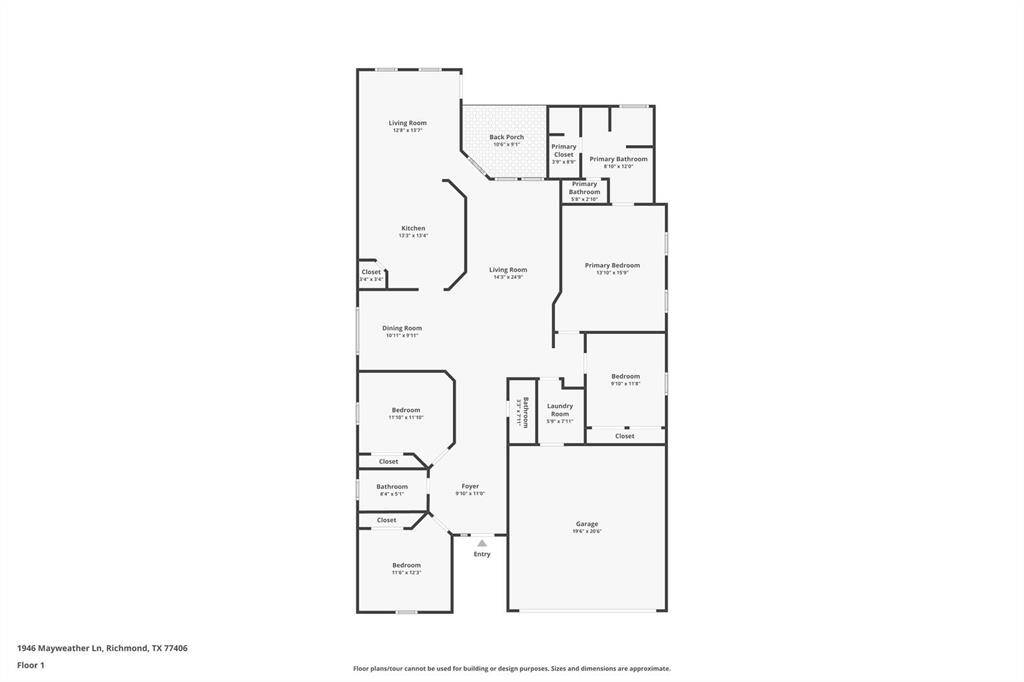 This floor plan features a spacious layout with four bedrooms, two and a half bathrooms, a large kitchen, dining and living areas, and a back porch. There's also a foyer, laundry room, and a two-car garage. The primary bedroom includes an en-suite bathroom and closet.