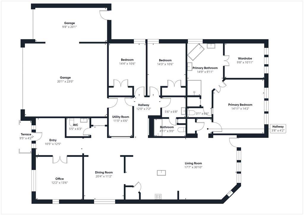 This floor plan features a spacious layout with three bedrooms, including a primary suite with an attached bathroom and walk-in wardrobe. The open living area includes a large living room, dining room, and office space. There's a utility room, a second bathroom, and a half bath. The home also includes a two-car garage and a terrace.