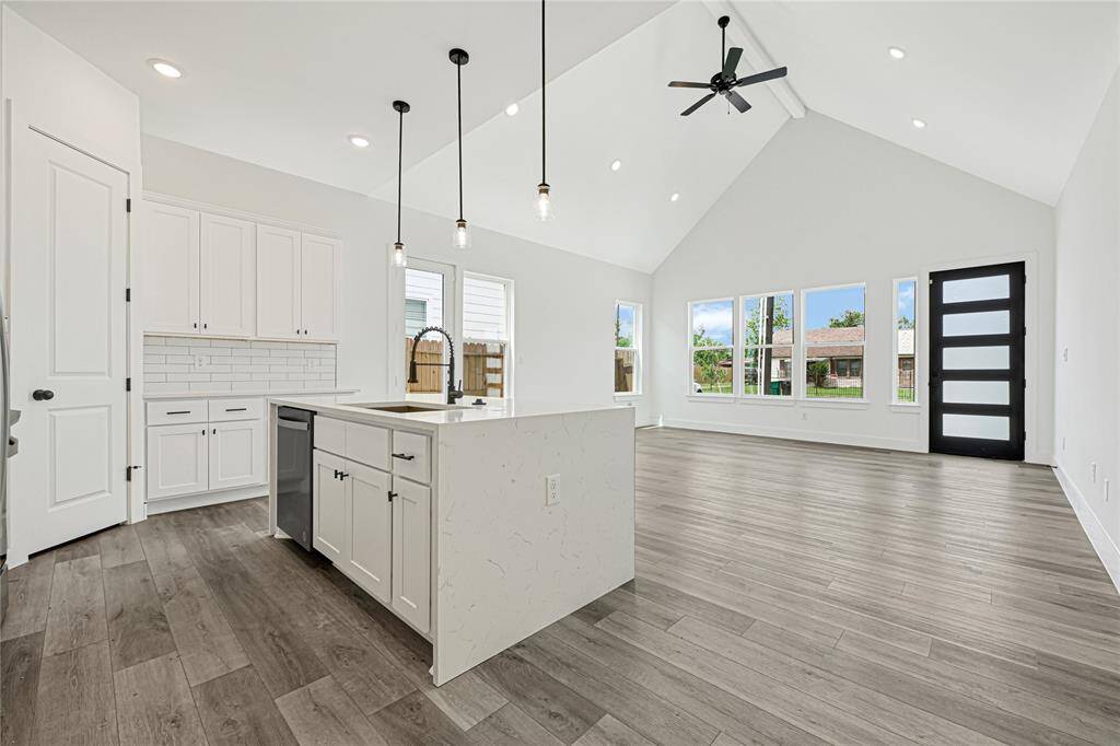 view of the kitchen open to the living room.