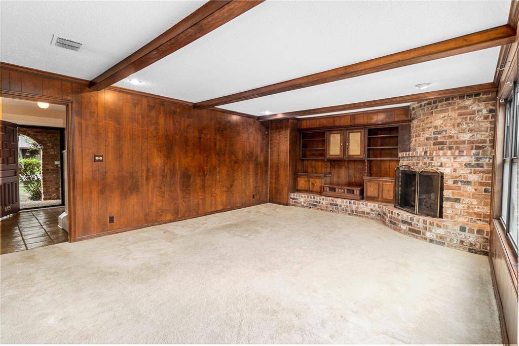 Family Room w/Wood-burning Fireplace! Beamed Ceiling & Built-in Cabinets! View of Park-like Backyard! French Door to Patio! Connects to Entry Hall!