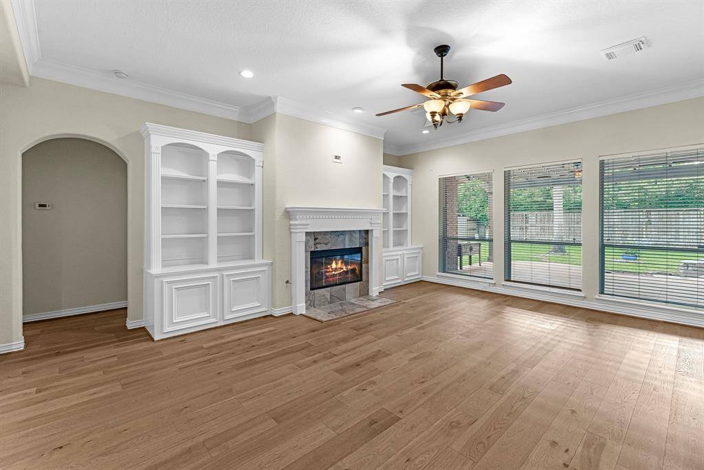 Family room with built-ins, new wood floors