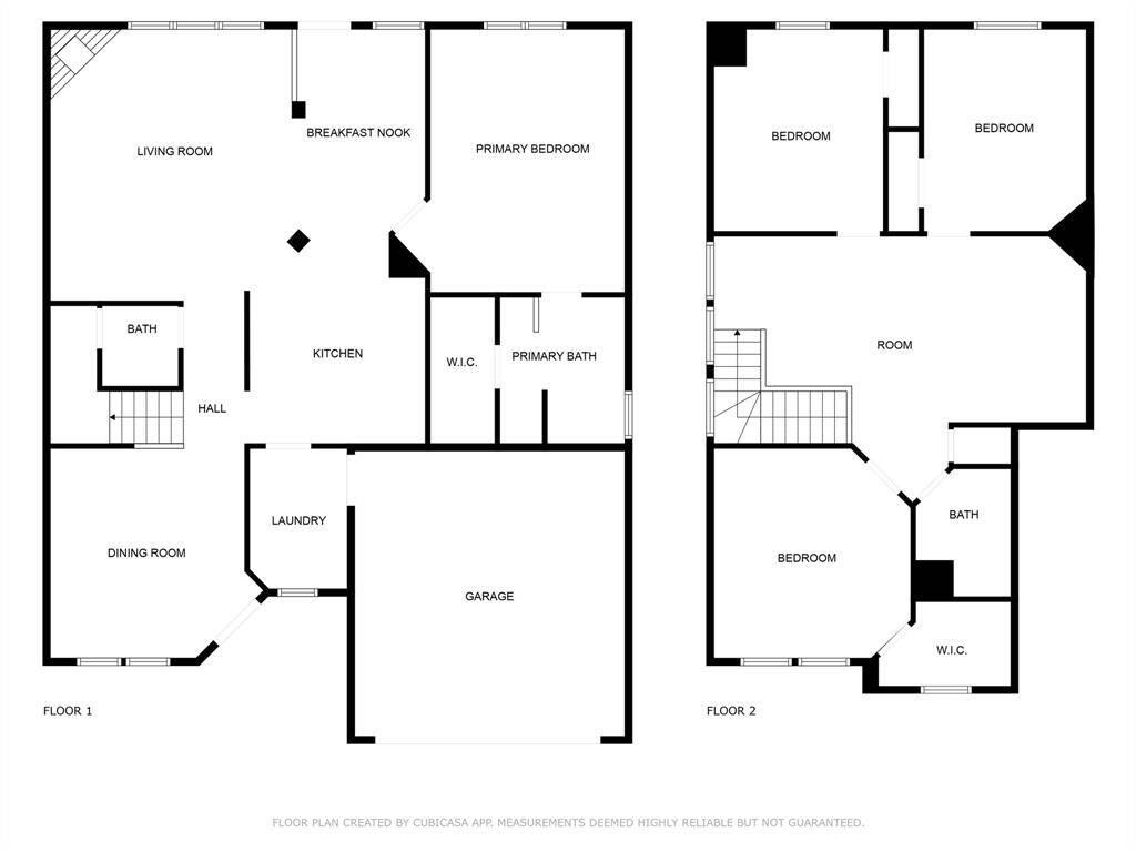 This floor plan features a spacious two-story layout. The first floor includes a living room, kitchen with breakfast nook, dining room, laundry, and a primary bedroom with en-suite bath and walk-in closet. There's also a garage. The second floor offers two additional bedrooms, a bath, and an extra room for flexible use.