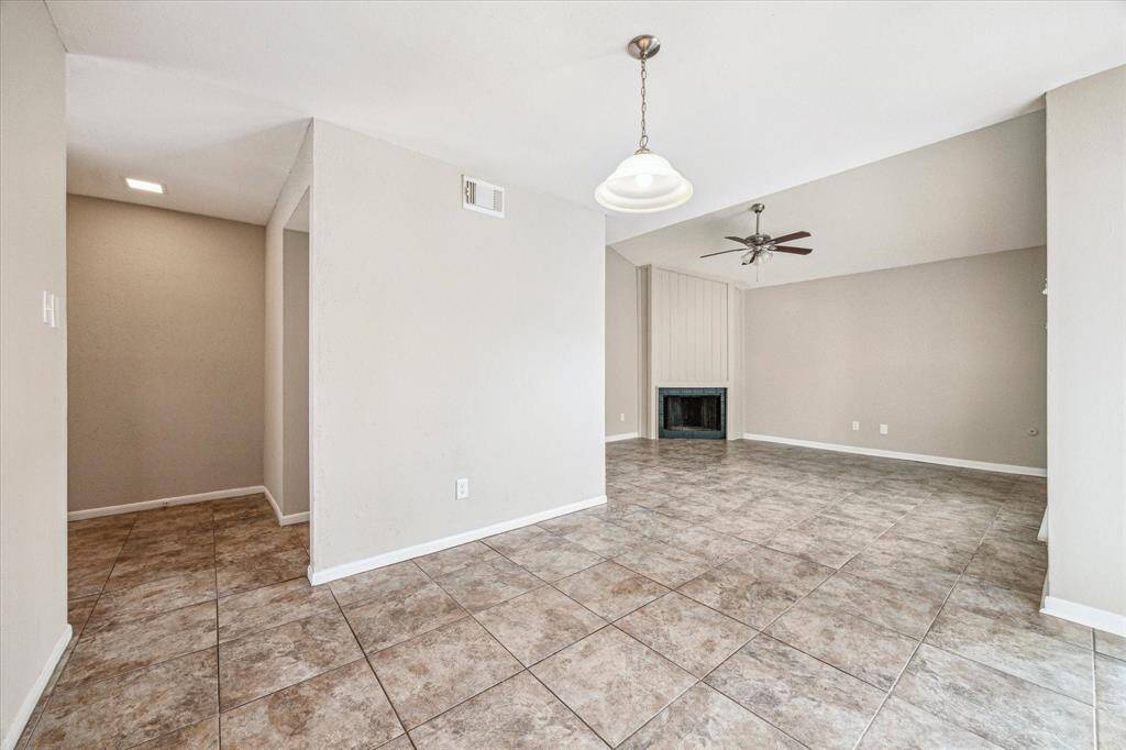 A view to the dining and living area from the kitchen.