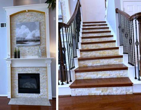 Modern stonework on fireplace and staircase risers