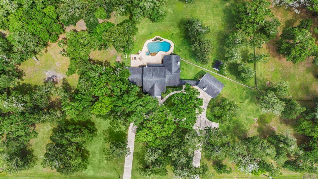 The expansive property is framed by towering trees and manicured landscaping, creating a serene, private oasis.