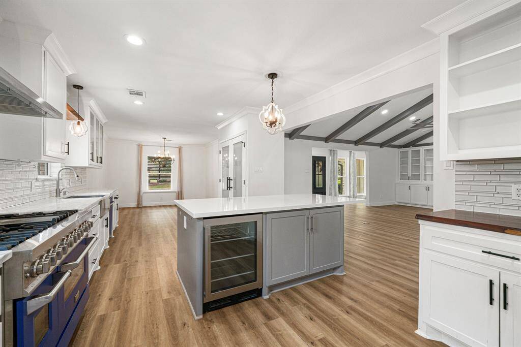 Island with wine fridge.