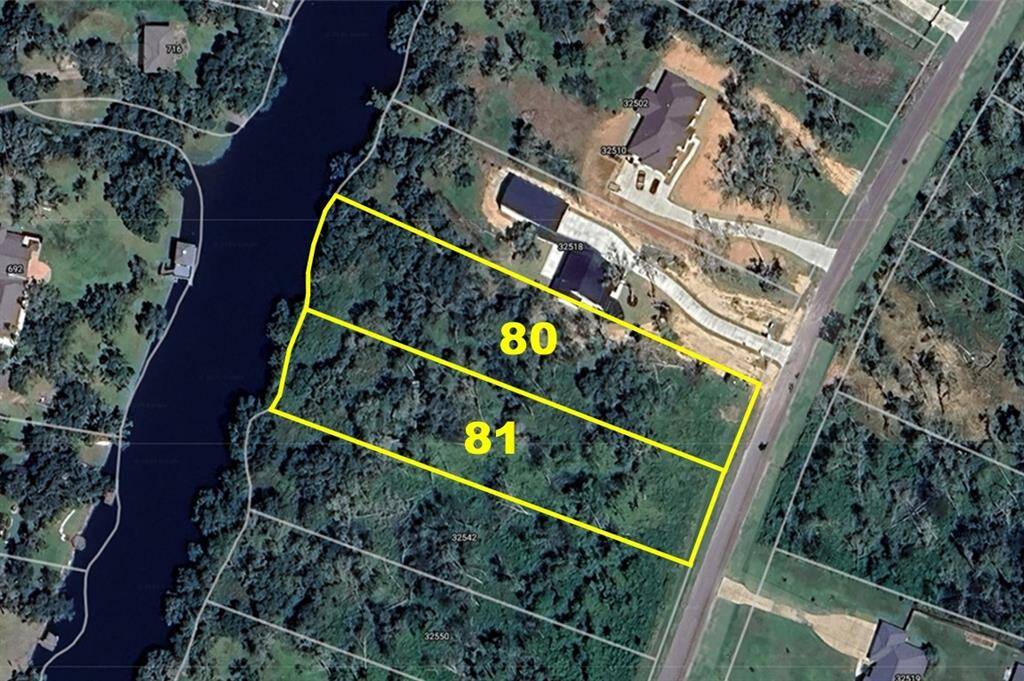 Here's an aerial view of both lots. The street is Bayou Bend in this section, even though some maps show it as Oakwood Shores Drive.