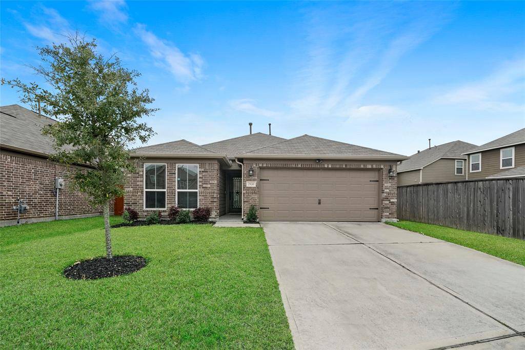 Enjoy your single-story brick home with a two-car garage, a well-maintained front yard, and a small tree.