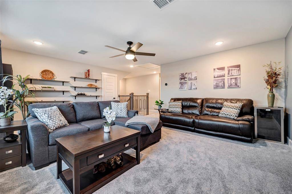 The third floor surprises us with a large den/seating area. Complete with blinds & ceiling fan.