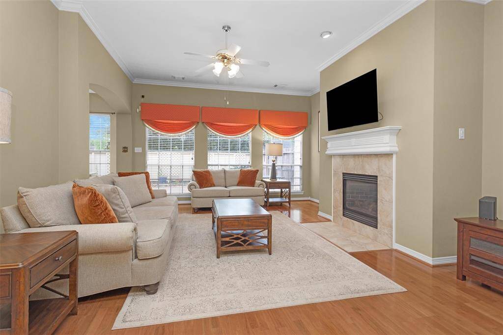 Central living room with gas log fireplace