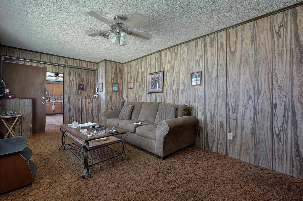 Inside the second house, the living room feels cozy with wood-toned paneling, soft carpeting underfoot, and a ceiling fan.
