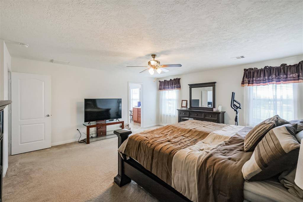 Ceiling fan, 2 closets, and carpet.