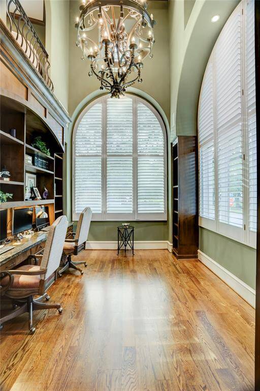 Coffered ceiling in study with custom built-ins