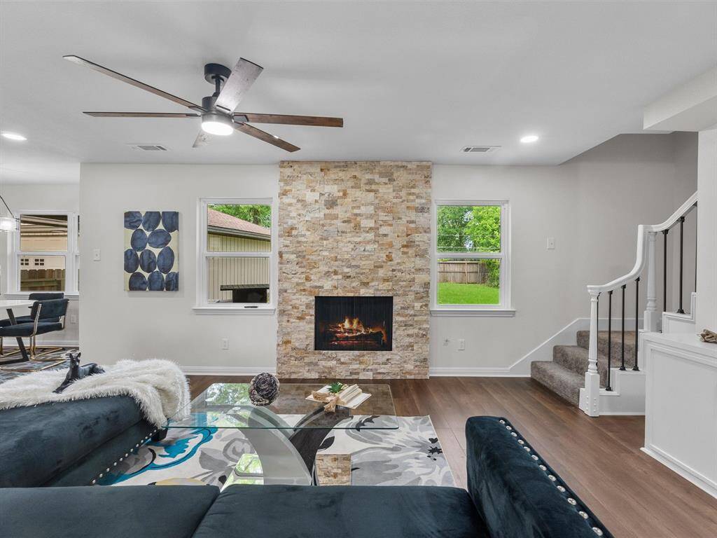 The large family room looks out into the spacious backyard.