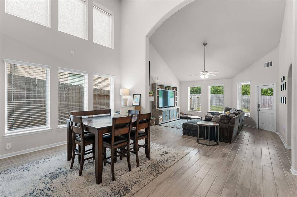 Dining and living areas are open