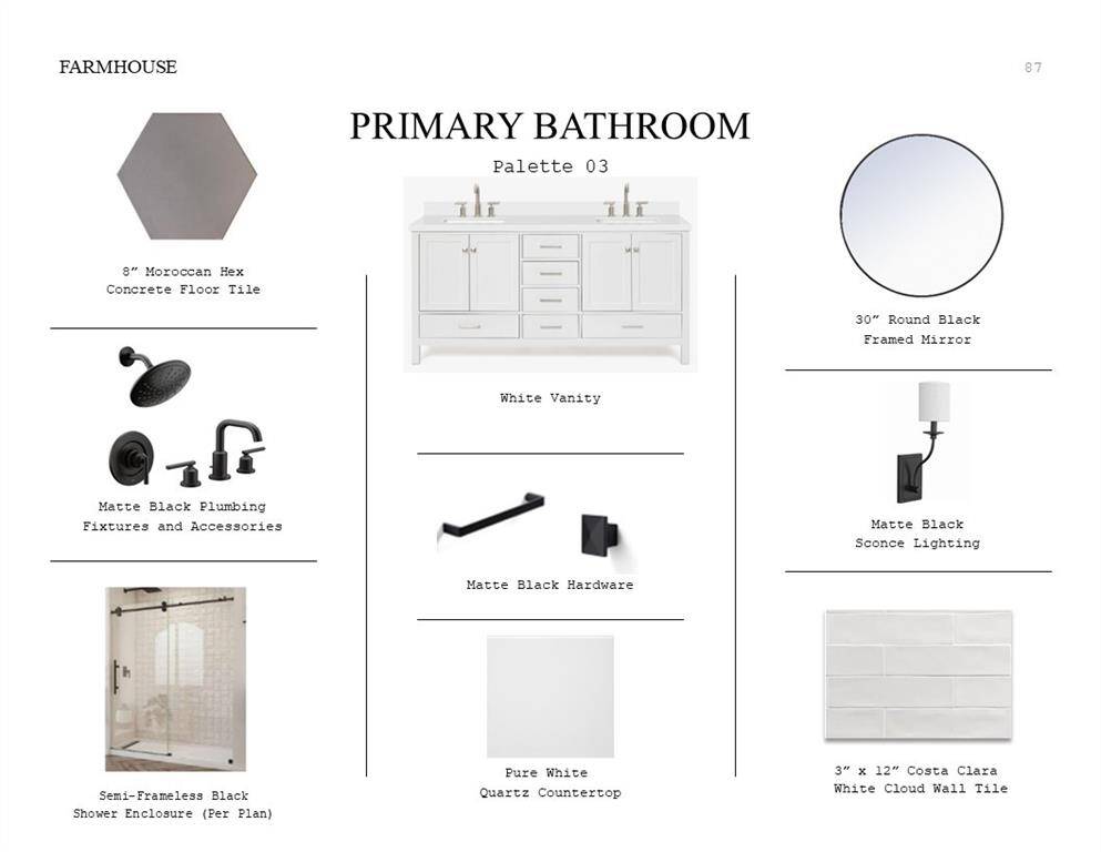 Farmhouse Look Palette 3: Primary Bathroom Selection Sheet (*Artist rendering used for illustration purposes only.)