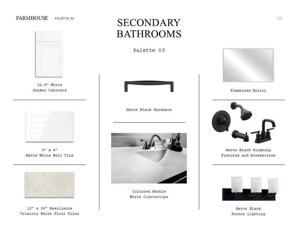 Farmhouse Look Palette 3: Secondary Bathrooms Selection Sheet (*Artist rendering used for illustration purposes only.)