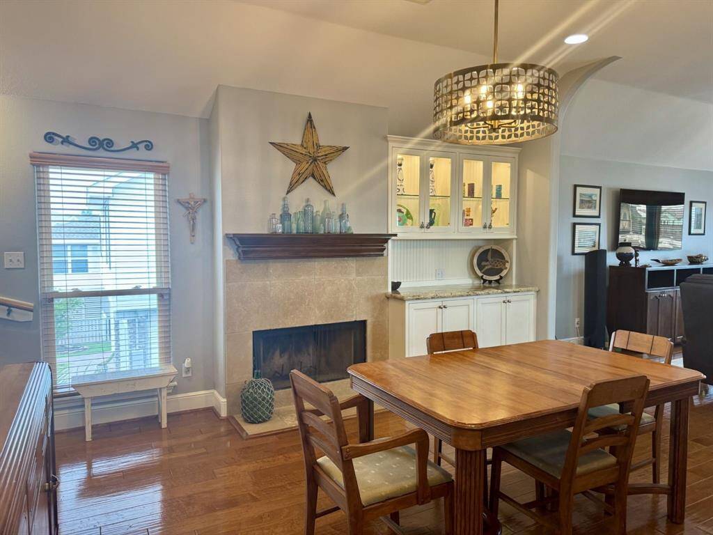 dining room with wood burning fire place
