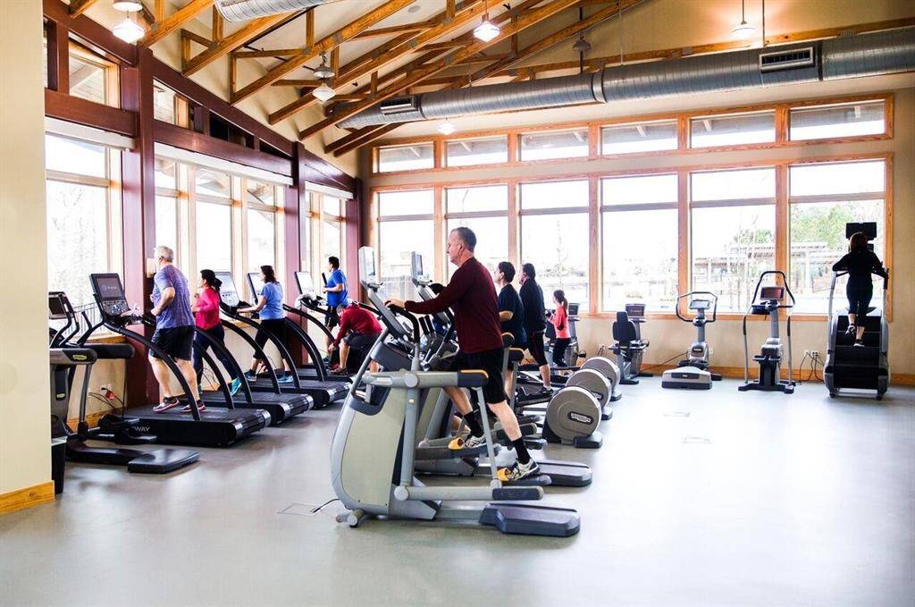 Bright and spacious gym with large windows, modern cardio equipment, and a welcoming atmosphere ideal for fitness enthusiasts.