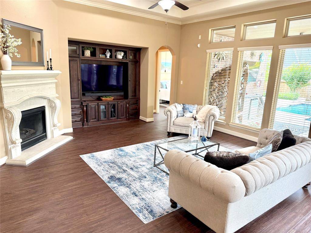 beautiful fireplace and built in entertainment center.