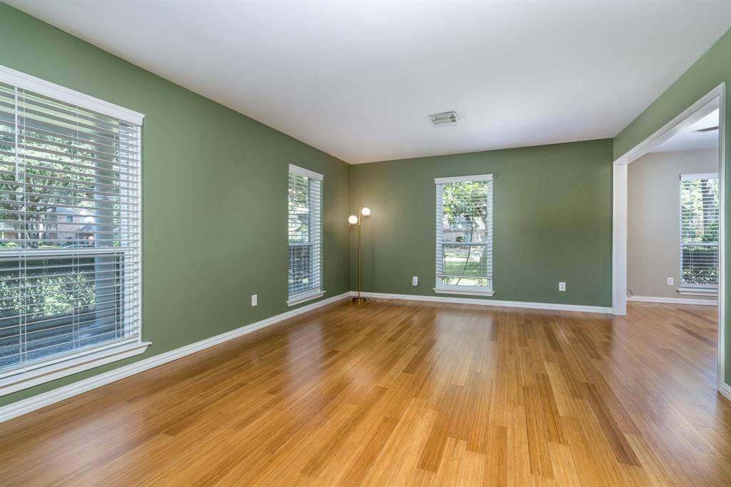 Hardwood flooring in the dining and study areas.
