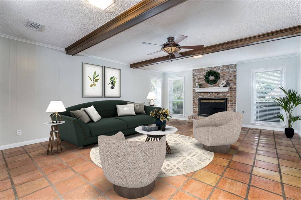 Large family area with beamed ceiling.