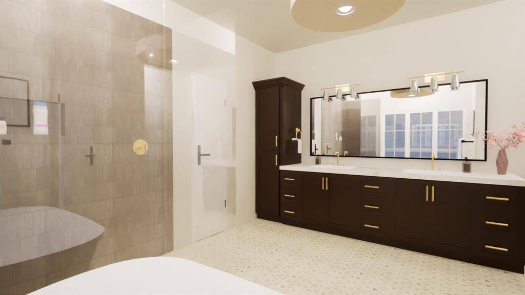 This reimagined primary bath features dual vanities, a soaking tub, and a generous walk-in shower—designed for daily luxury. Rendering provided by custom home builder to show renovation potential.