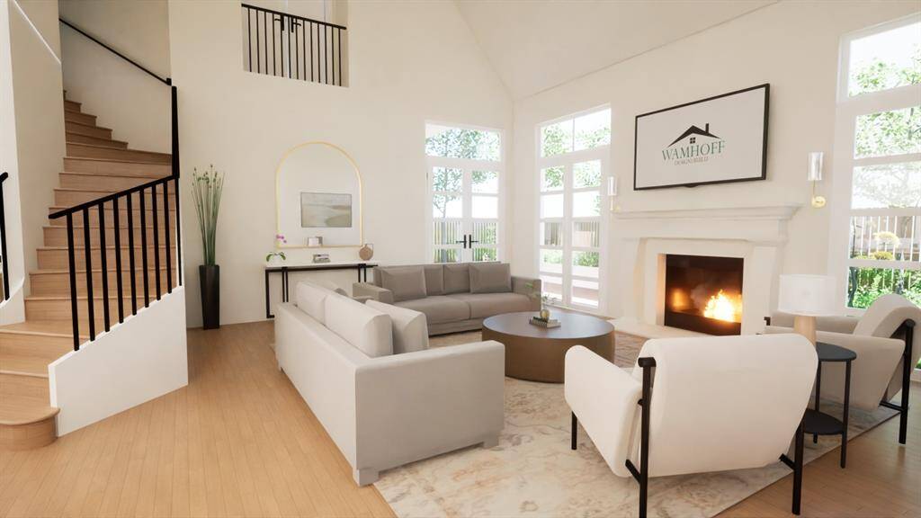 Envision your future gatherings in this light-filled living room with soaring ceilings, a classic fireplace, and views to the backyard. Rendering provided by custom home builder to show renovation potential.